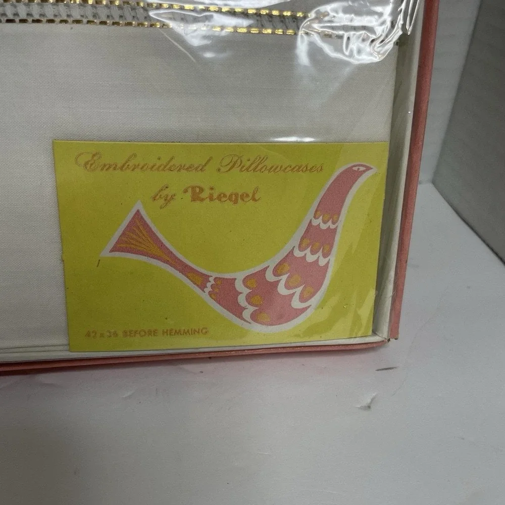 Vintage Pair of Riegel Pillowcases NOS in box embroidered with Yellow Ribbons
